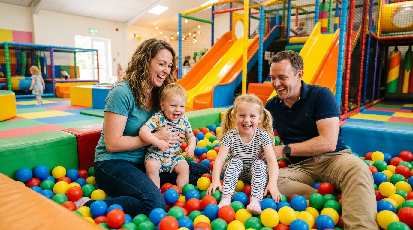 Family playing together in soft play and ball pit at Pley